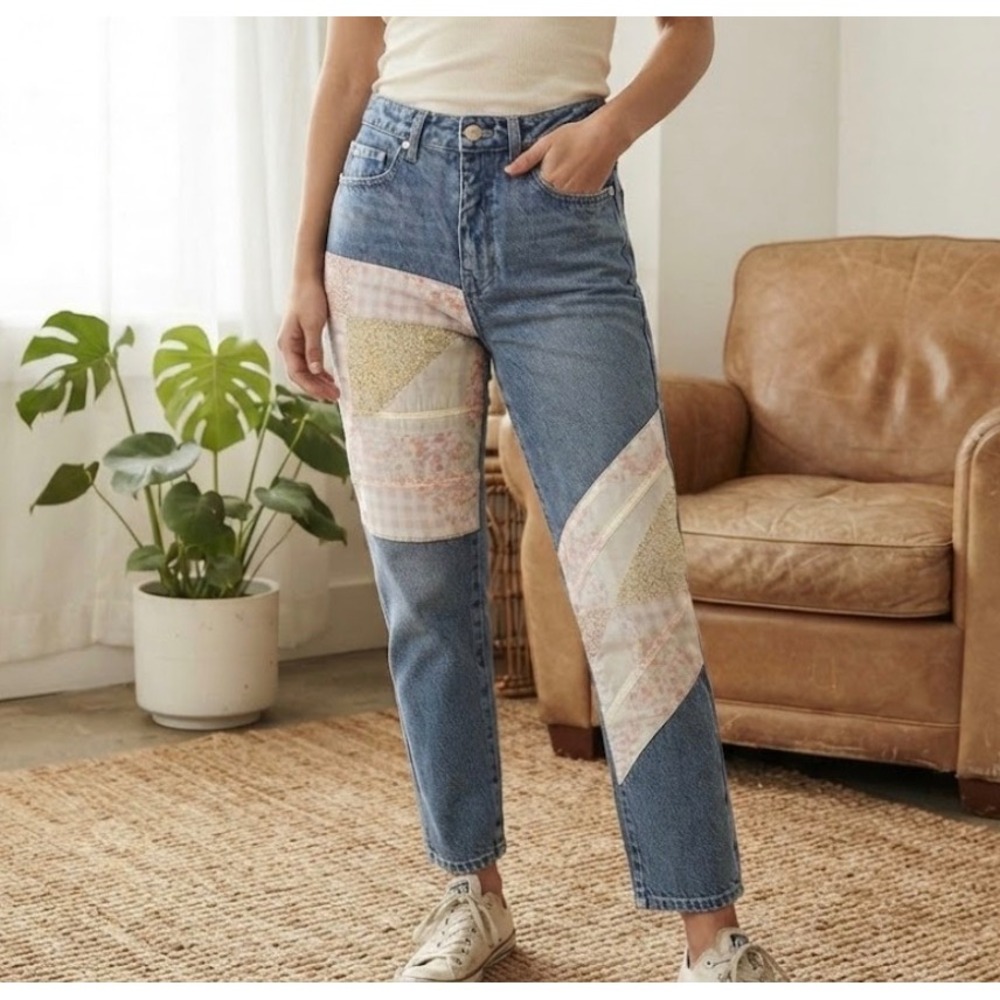 BP Nordstrom Womens Patchwork High Rise Straight Leg Blue Denim Jeans Size 26